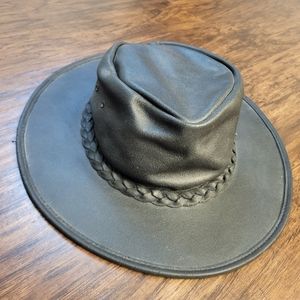 Australian Bill Conner Black Leather Packable Hat Braided Trim Size L
